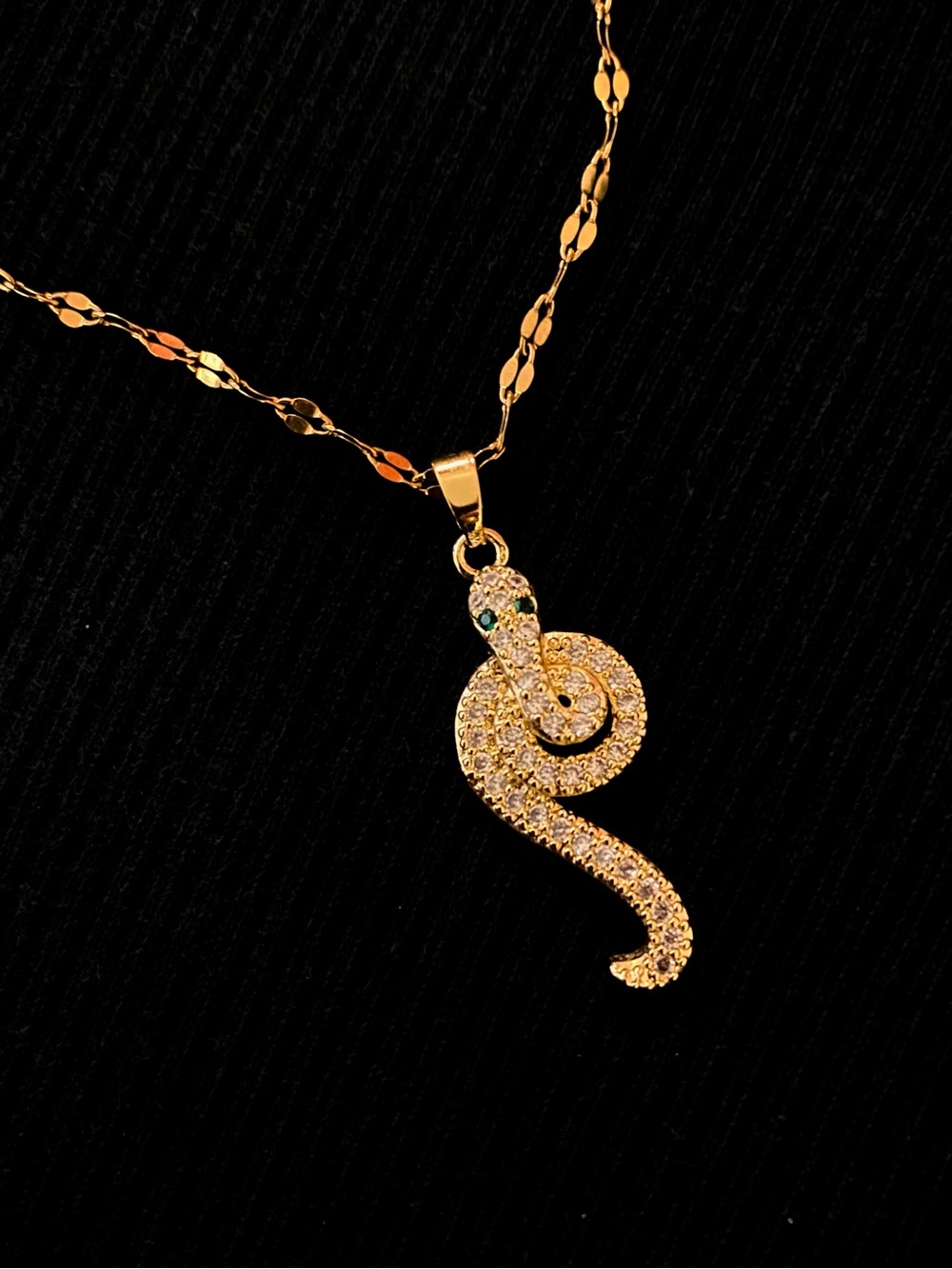 Gold-Plated Stainless Steel Pave CZ Coiled Serpent/Snake Pendant Necklace